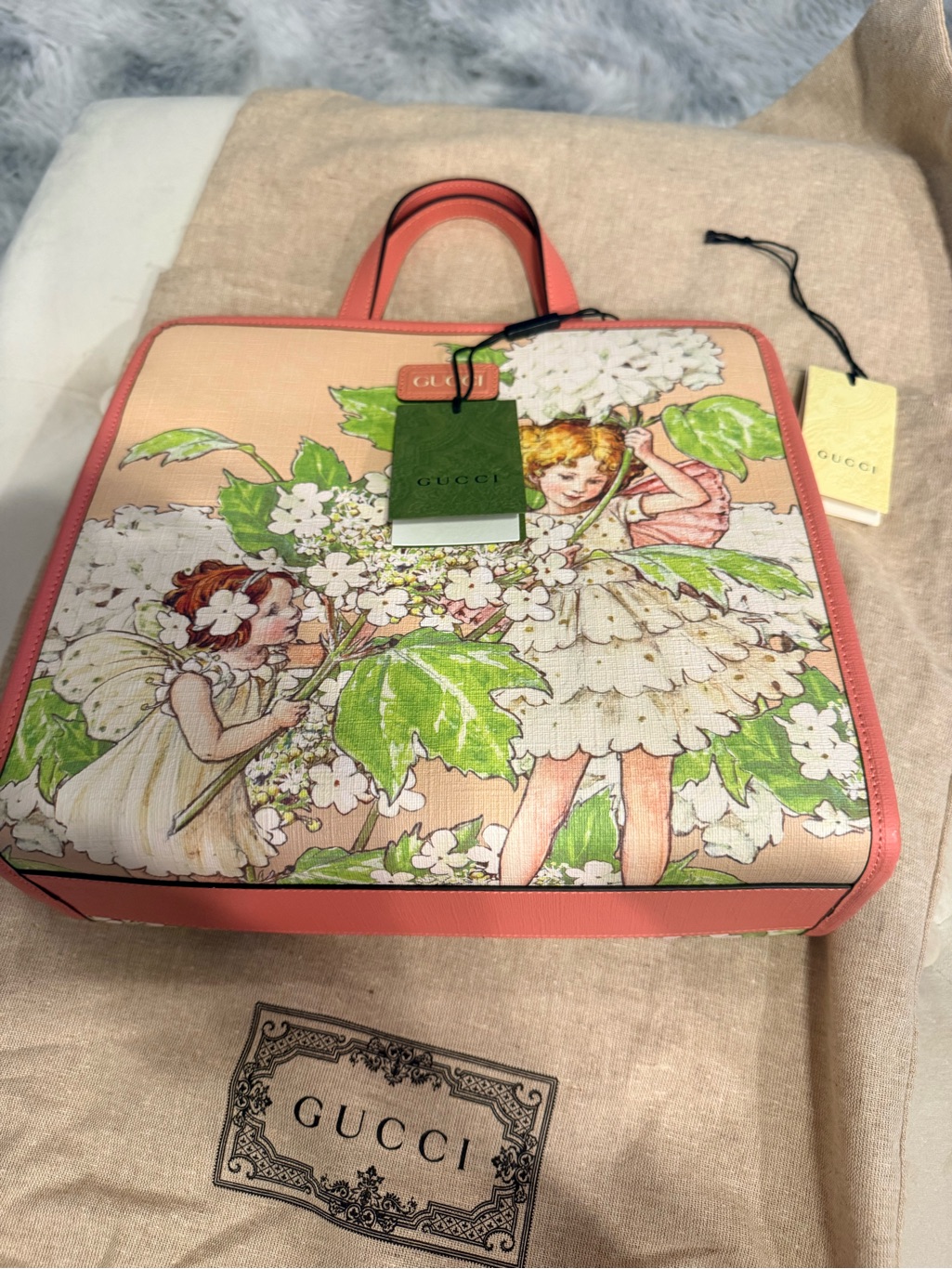 Gucci Peach And Green Floral Cherub Top-Handle Tote